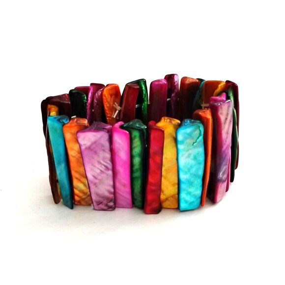 Y2K Vintage Rainbow Shell Stretch Bracelet, Boho Festival Chunky Jewelry - Picture 2 of 4